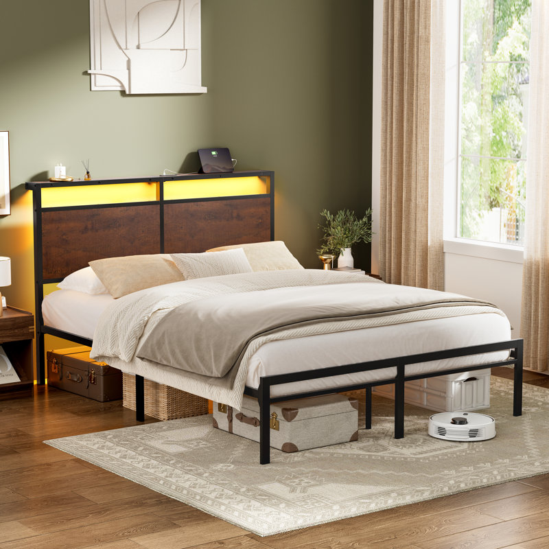 Antioch Metal Platform Bed with LED Light and Charging Station, Full, Brown