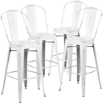 Commercial Grade Distressed Metal Indoor-Outdoor Counter Height Stool with Back