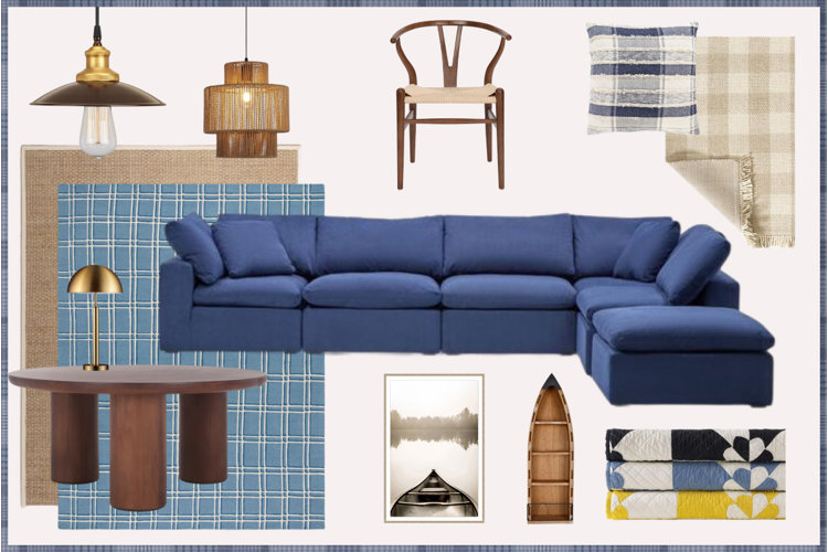 A modern lakehouse interior design mood board featuring a large navy blue sectional sofa, a round dark wood coffee table, a blue-and-white checkered rug, a classic wood wishbone chair, a boat-shaped wall shelf, woven and industrial pendant lighting, and a selection of patterned quilts and throw pillows