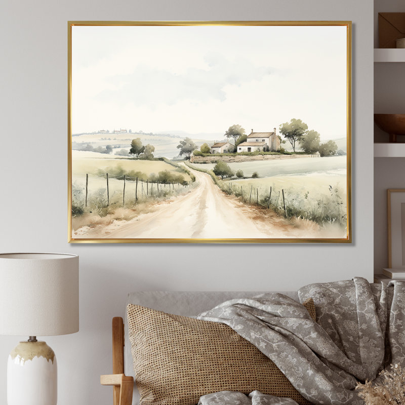 Paysage campagne minimaliste IV - décoration murale campagne, Cadre flottant doré, H 12 po x l 20 po x P 1 po