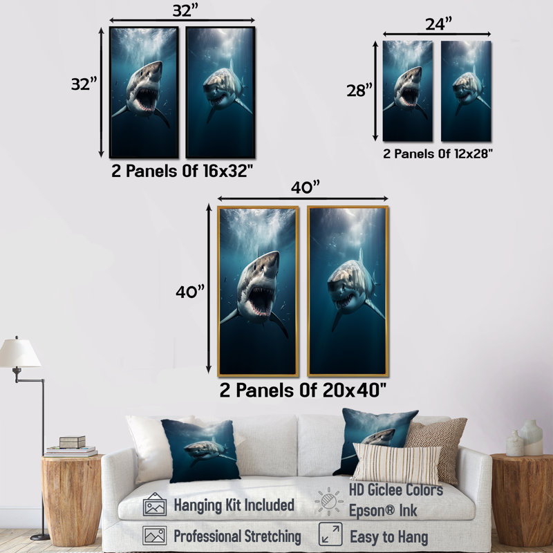 Requin bleu apex photo prédateur - ensemble de 2 décorations murales requin, H 28 po x l 25 po, Toile tendue