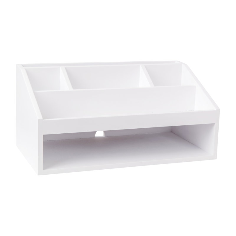 White Wooden Desktop Organizer with Open Storage Compartments
