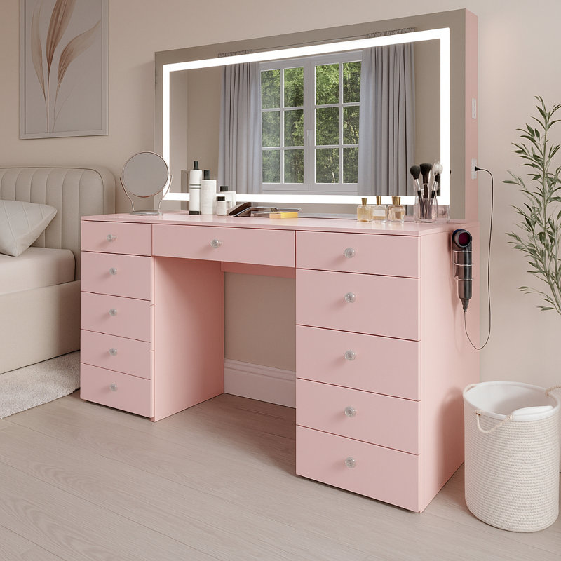 Lydia Extra-Large Makeup Vanity With Bluetooth Speakers And LED Mirror