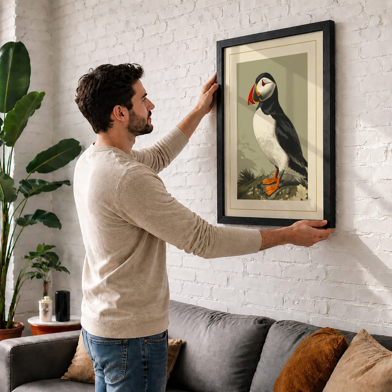 Puffin Study Botanical - Framed Print, Oak, A4 - 29.7 x 21.0 cm