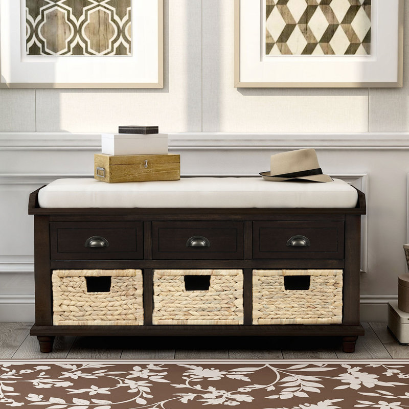Rustic Storage Bench with 3 Drawers and 3 Rattan Baskets, Espresso