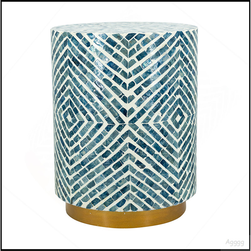 Tabouret d'appoint 14 x 14 x 18 po avec motif Capiz bleu et blanc