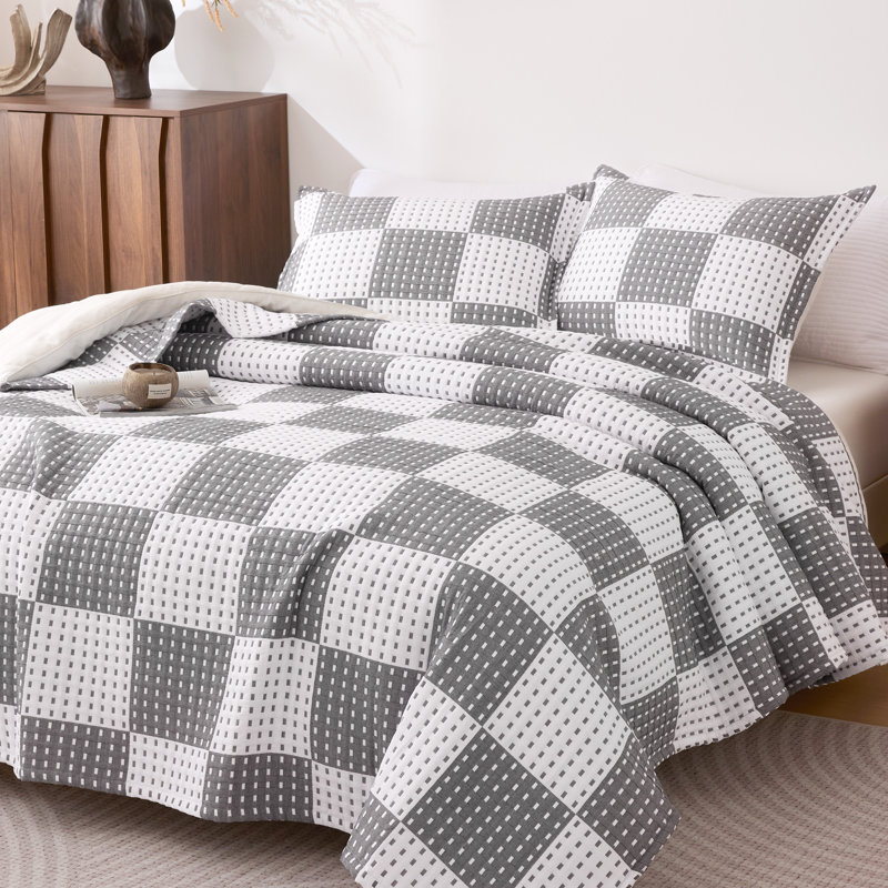 Sleep Zone Full/Queen Size Cotton Jacquard Quilt Set 3 Pieces for All Season 90 x 96 Gray Plaid, Full Quilt + 2 Shams