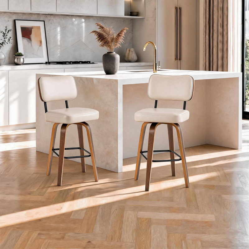 Tabourets de bar pivotants de 66 cm (26 po), avec dossier et pieds en bois courbé, Blanc cassé / blanc, 2