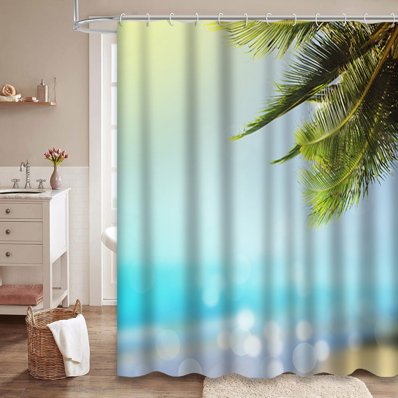 Rideau de douche avec 12 crochets Tropical Beach Palm Sea, 72" L x 84" W