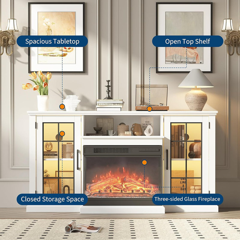 Meuble télé avec foyer blanc - console média 59 po avec foyer électrique 24 po, effet de flamme 3D, lumières DEL et rangement