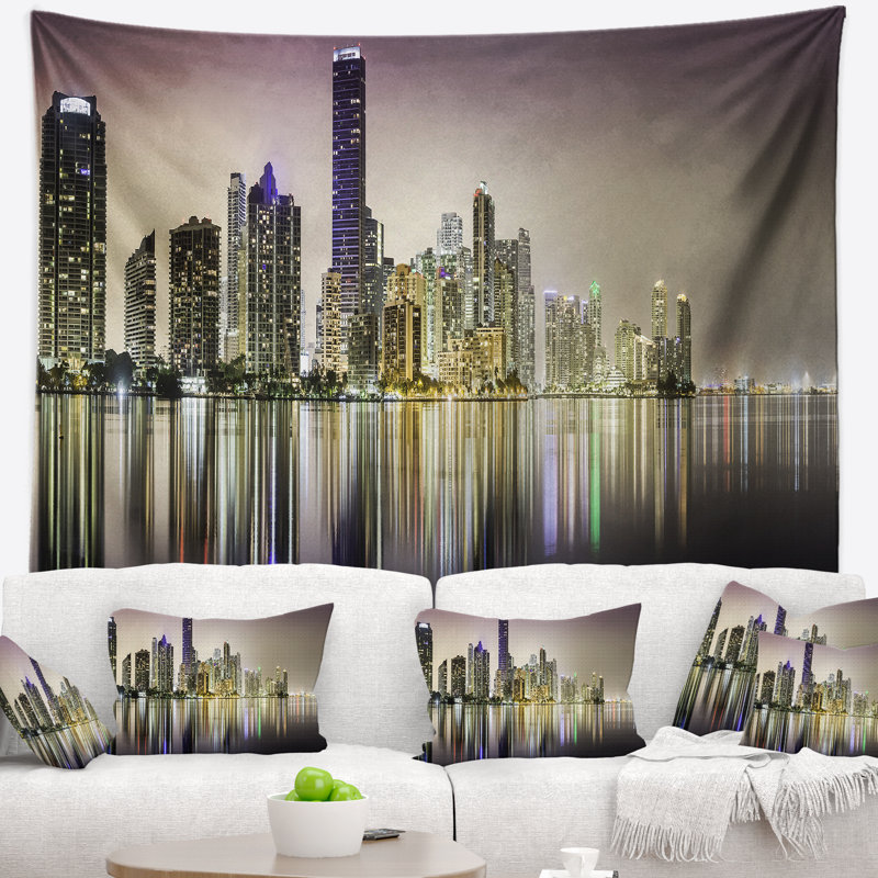 Tapisserie de panorama et suspension murale miami night, H 32 po x l 39 po