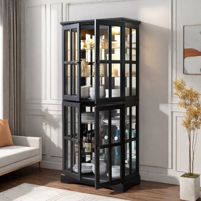 Antique Display Cabinet With 4 Glass Doors, Adjustable Shelves, Metal Embossed Handles And Integrated Lighting, Black