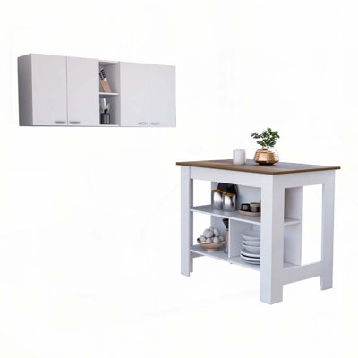 Ensemble de cuisine 2 pièces à 4 tablettes, 4 portes, 1 armoire murale et un îlot de cuisine blanc et noyer Sierra