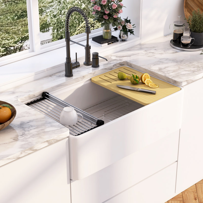 Yorkshire 33" L x 20" W Fireclay Single Bowl Farmhouse Kitchen Sink Workstation With Accessories