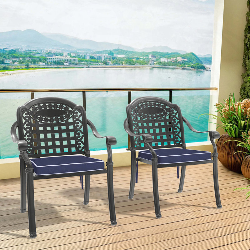 Cast Aluminum Stacking Patio Dining Chairs with Ergonomic Design, Set of 2, Blue