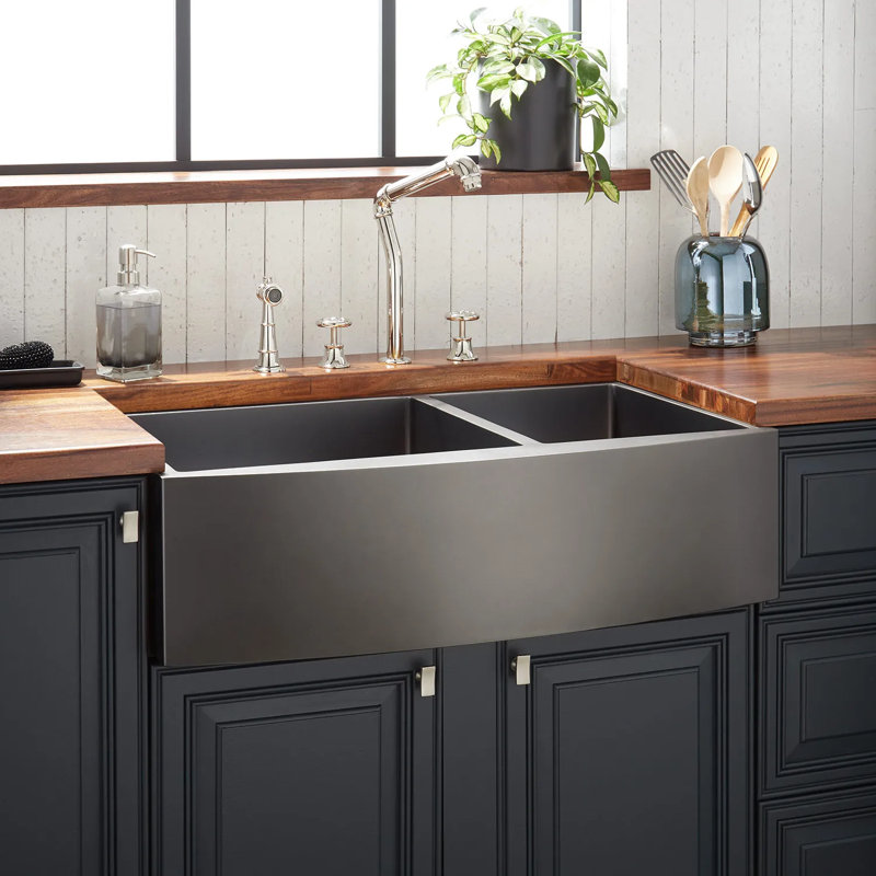 36" Atlas 60/40 Offset Double-Bowl Stainless Steel Farmhouse Sink with Curved Apron, Gunmetal Black