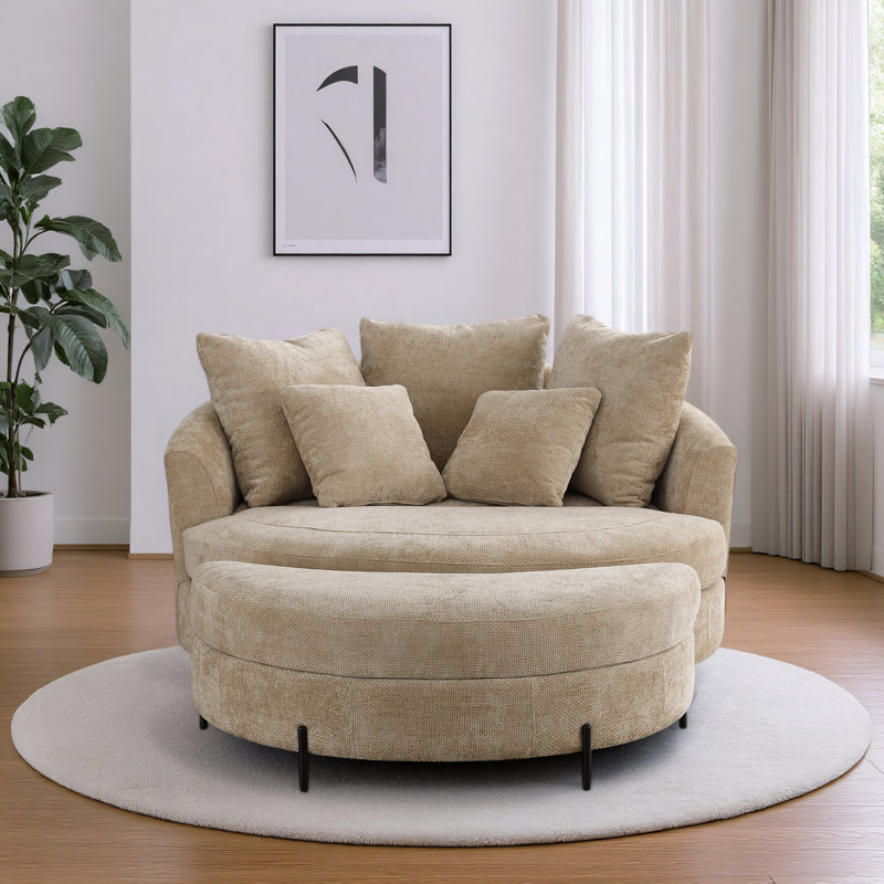 59.5" W Oversized Slipcovered Upholstered Accent Barrel Chair With Ottoman, Wheat