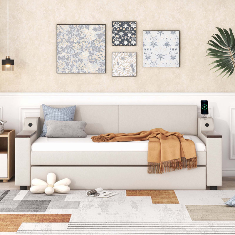 Lit de jour simple rembourré avec accoudoirs de rangement, gigogne et design USB, beige