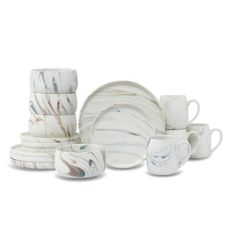 Service de table à motif en marbre Lorren Home Trends, 16 pièces de vaisselle et tasses en céramique, motif tourbillon moderne, beige et gris 