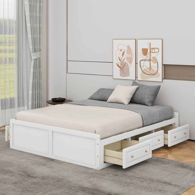 Structure de lit plateforme grand avec 6 tiroirs, Blanc
