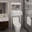 Au-dessus de l'armoire de toilette, double porte, deux tablettes blanches