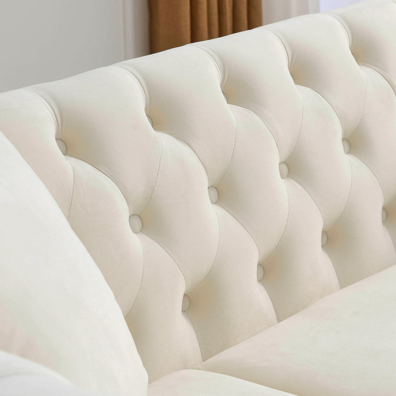 Chesterfield Sofa Velvet For Living Room, Seater Sofa Tufted Couch With Rolled Arms And Nailhead, White, 3