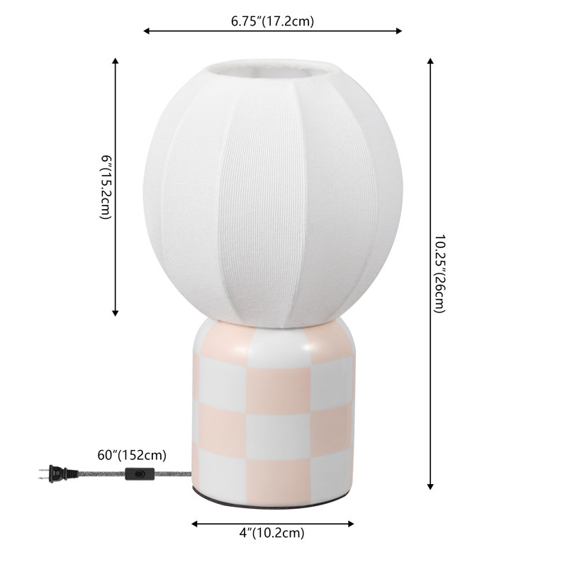 Lampe de table à DEL miniature Valarie de 10,25 po en céramique à damier de style contemporain moderne, avec abat-jour globe côtelé en forme de cocon.