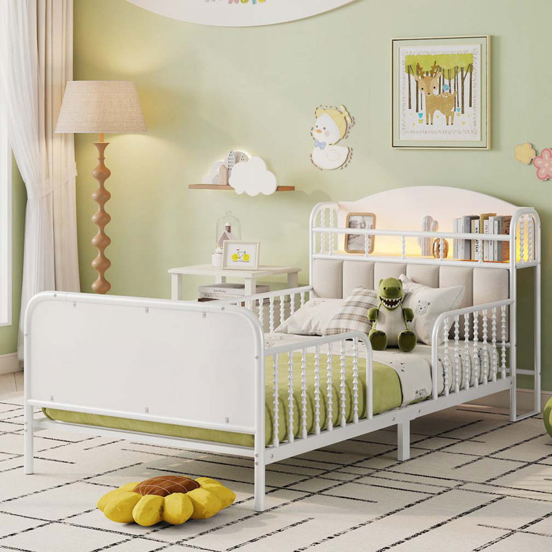 Base de lit plateforme en métal avec tête de lit tapissier et rangement, Lit simple, Blanc