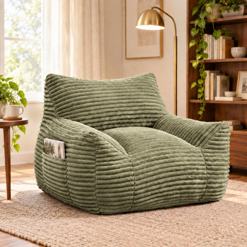 Grand fauteuil à billes et chaise longue en velours côtelé, Velours côtelé vert