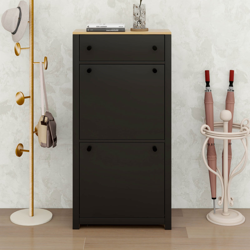 Rangement fonctionnel avec 2 tiroirs rabattables, armoire à chaussures avec tiroir à motif de grain de bois, Noir
