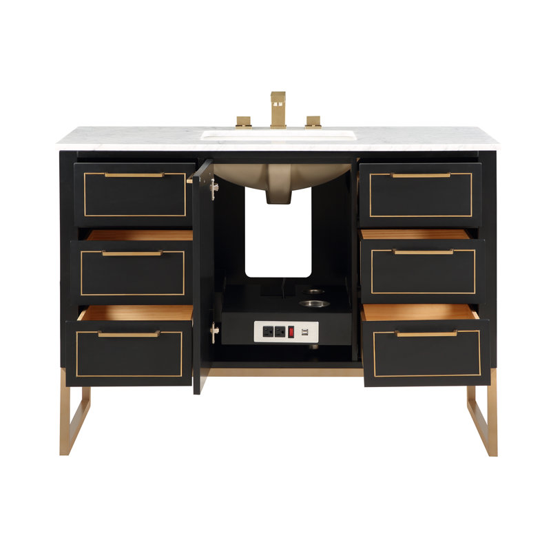 Markham 48'' W Single Vanity, Midnight Black, Carara Marble, Satin Brass
