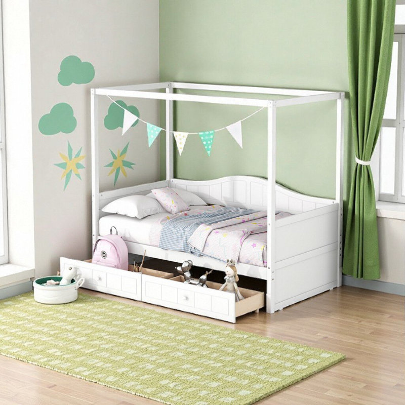 Lit de jour à baldaquin simple Royal Dreamy avec 2 tiroirs de rangement, blanc - Collection WildRose, Blanc