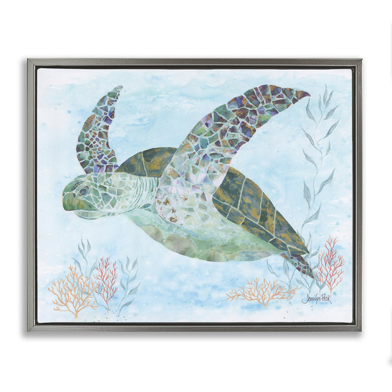 «Mosaic Tortoise Underwater», art mural encadré flottant noir par Jennifer Peck, H 17 po x l 21 po