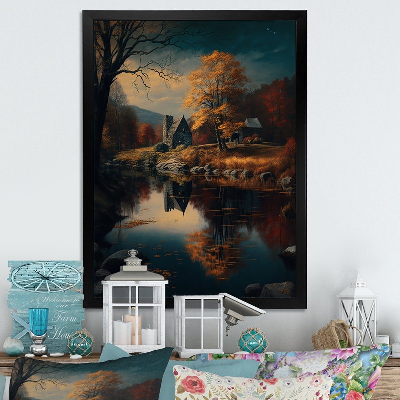 «Old Cottage In The Autumn Mountains I», paysage, montagnes du lac, impression brune, Cadre photo noir