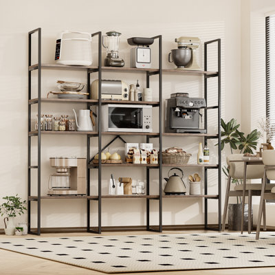 71 Inches Triple 5 Tier Book Shelf, Industrial Large Bookcase With Storage Cabinet Sturdy Metal Frame, Freestanding Display Shelving Unit