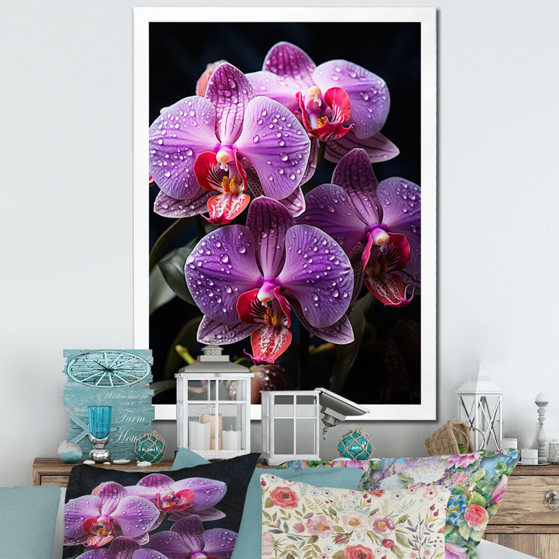 Fleurs mauves, orchidées mystiques - impression sur toile florale, H 32 po x l 24 po x P 1 po, Cadre photo blanc