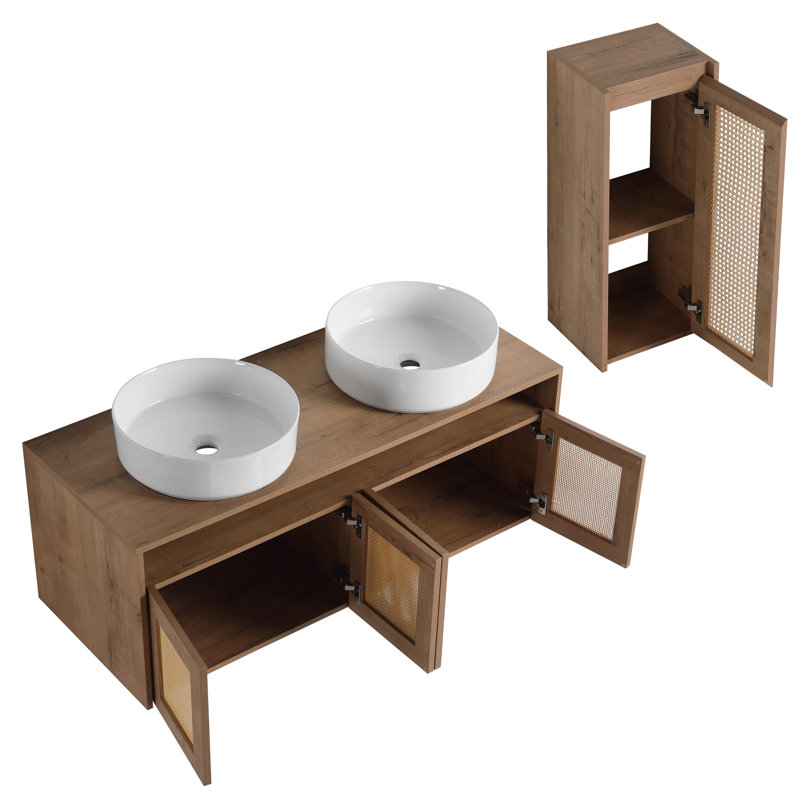 Meuble-lavabo 48 po avec 2 lavabos en céramique et armoire latérale, 4 portes à fermeture douce, 48", Blanc