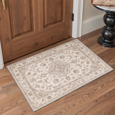 Paillasson oriental traditionnel ivoire/beige performant à poils courts, lavable et antidérapant