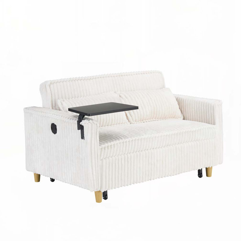 Canapé-lit coulissant en velours côtelé de 54 po avec plateau mobile et ports USB, Beige