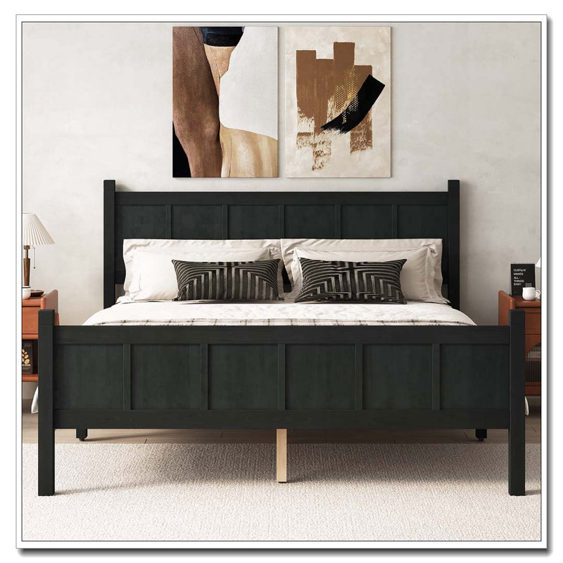 Modern Platform Bed with Headboard & Footboard,, Noir, Grand lit