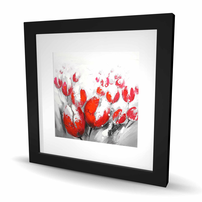Tulipes rouges - impression florale matte encadrée pour la décoration intérieure, Noir, H 16 po x l 16 po