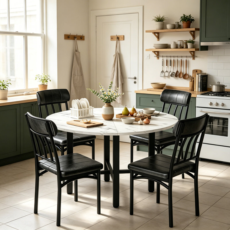 5-Piece Dining Set, Compact Mid-Century Modern Kitchen Table & Chairs Set With Round Table And 4 Upholstered Chairs, 4 Person Small Dinette Set For Home Apartment Loft