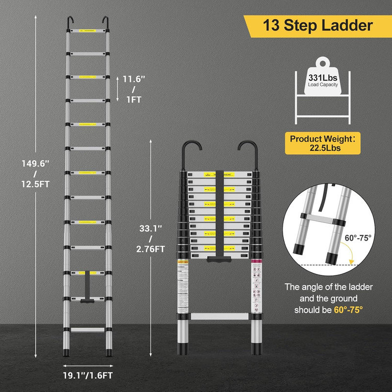 Telescoping Ladder, 12.5 Ft Aluminum Extension Ladder with 2 Detachable Hooks, 331 Lbs Load Capacity