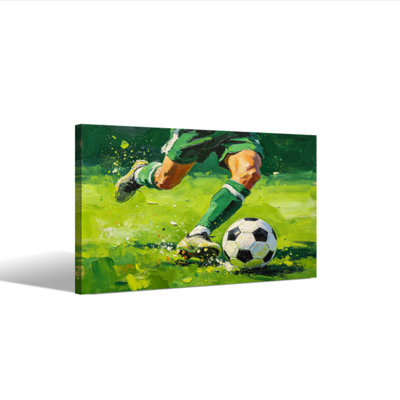 Green Soccer Player Kicking Ball Canvas Wall Art, Modern Sports Painting for Boys Bedroom, Game Room & Man Cave