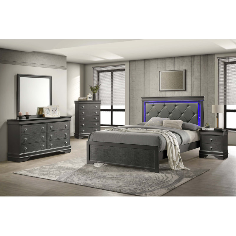 Lit rembourré de style moderne Blaze avec tête de lit à DEL et bois, Grand lit, Gris métallisé