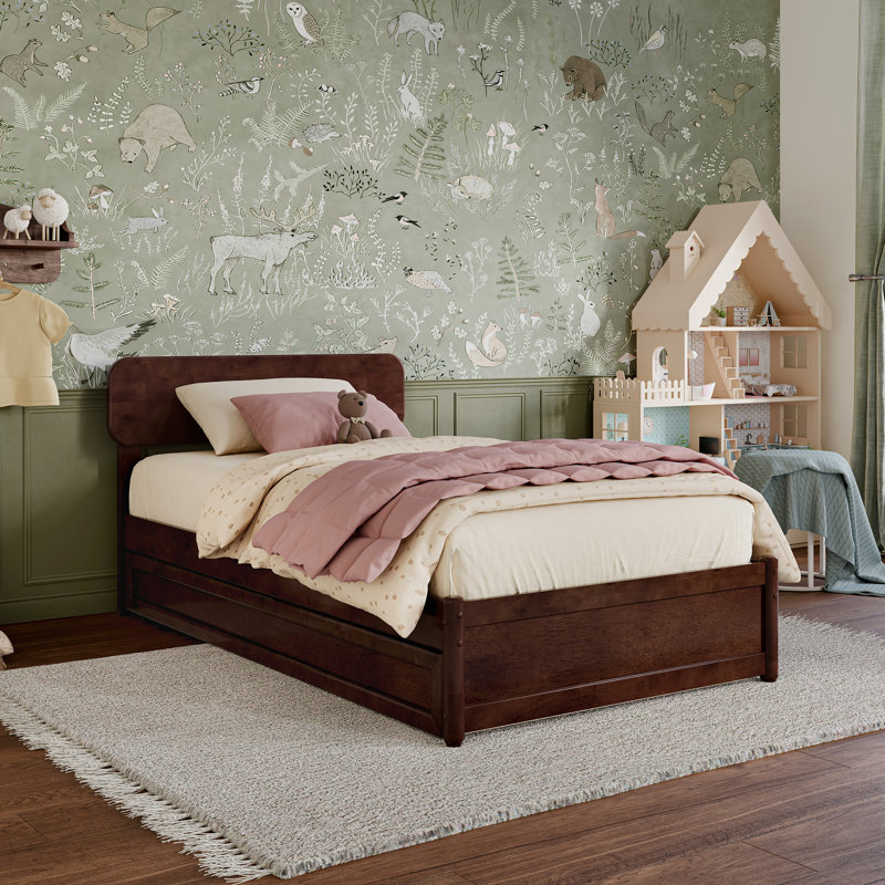 Lit plateforme en bois massif avec lit gigogne assorti Ause, Noyer, Simple