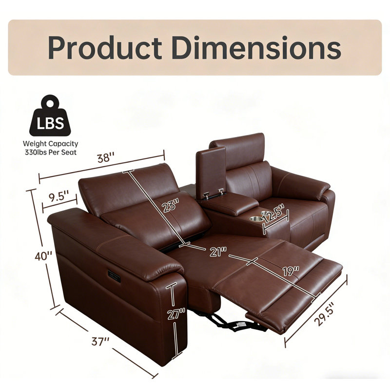 Power Loveseat Recliner Sofa, Reclining Sectional Sofa With Adjustable Headrest & Power Recline, Breathable Leather With Storage Console & USB Ports, Easy Assembly Living Room Furniture Sets