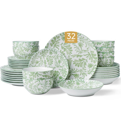 32-Piece Porcelain Dinnerware Set, Blue and Green Floral Plates Bowl Set, Service for 8
