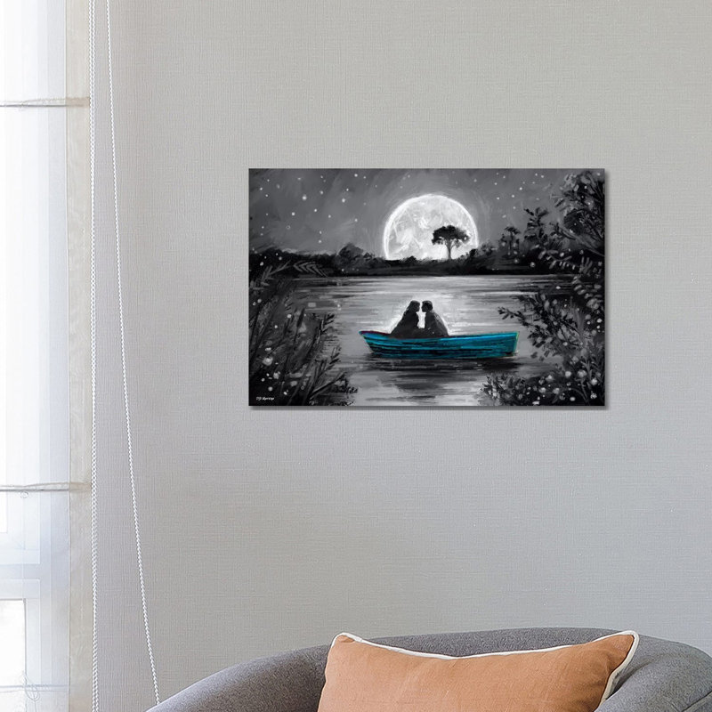 «Love in Boat Blue» par P.D. Moreno - reproduction d'art sur toile tendue, H 18 po x l 26 po x P 1,5 po