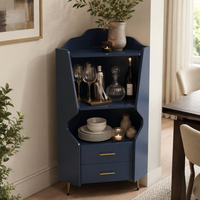 Armoire de bar d'angle en bois avec 2 tablettes de rangement ouvertes et 2 tiroirs, armoire de rangement à miroir à l'arrière, pieds / pieds hauts pour un nettoyage facile, armoire de buffet